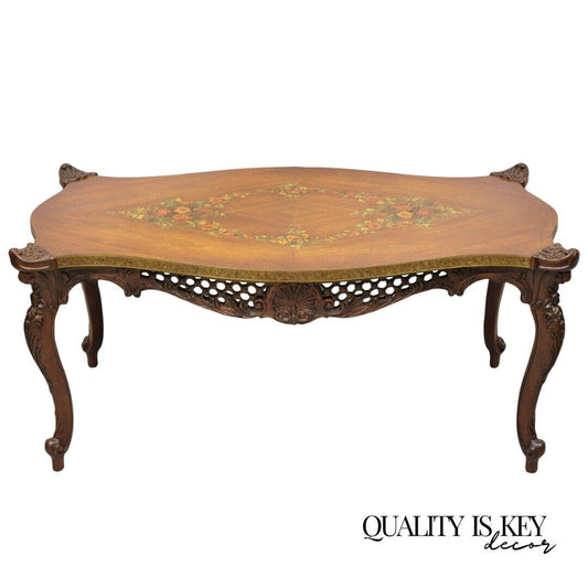 Vintage French Louis XV Style Walnut Coffee Table with Hand Painted Floral Top