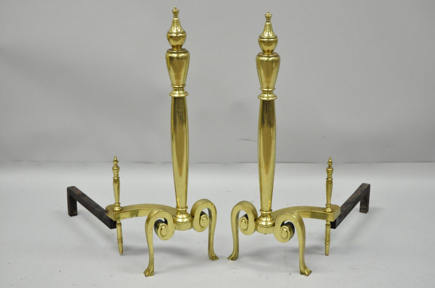 Antique Pair French Art Nouveau Style Brass Fireplace Andirons Urn Finial