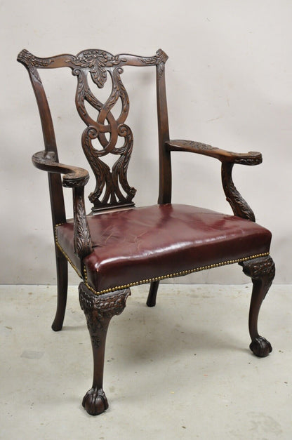 Antique Carved Mahogany Chippendale Style Ball and Claw Leather Arm Chair