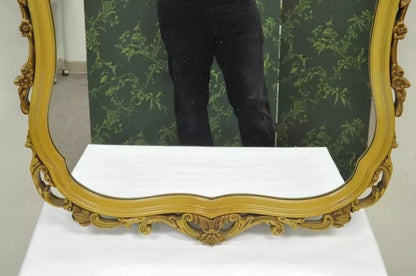Vintage French Louis XV Style Floral Carved Wood Yellow Painted Wall Mirror