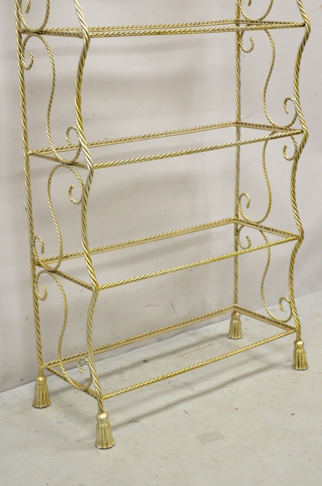 Italian Hollywood Regency Rope Tassel Silver Gold 5 Tier Iron Bakers Rack Shelf