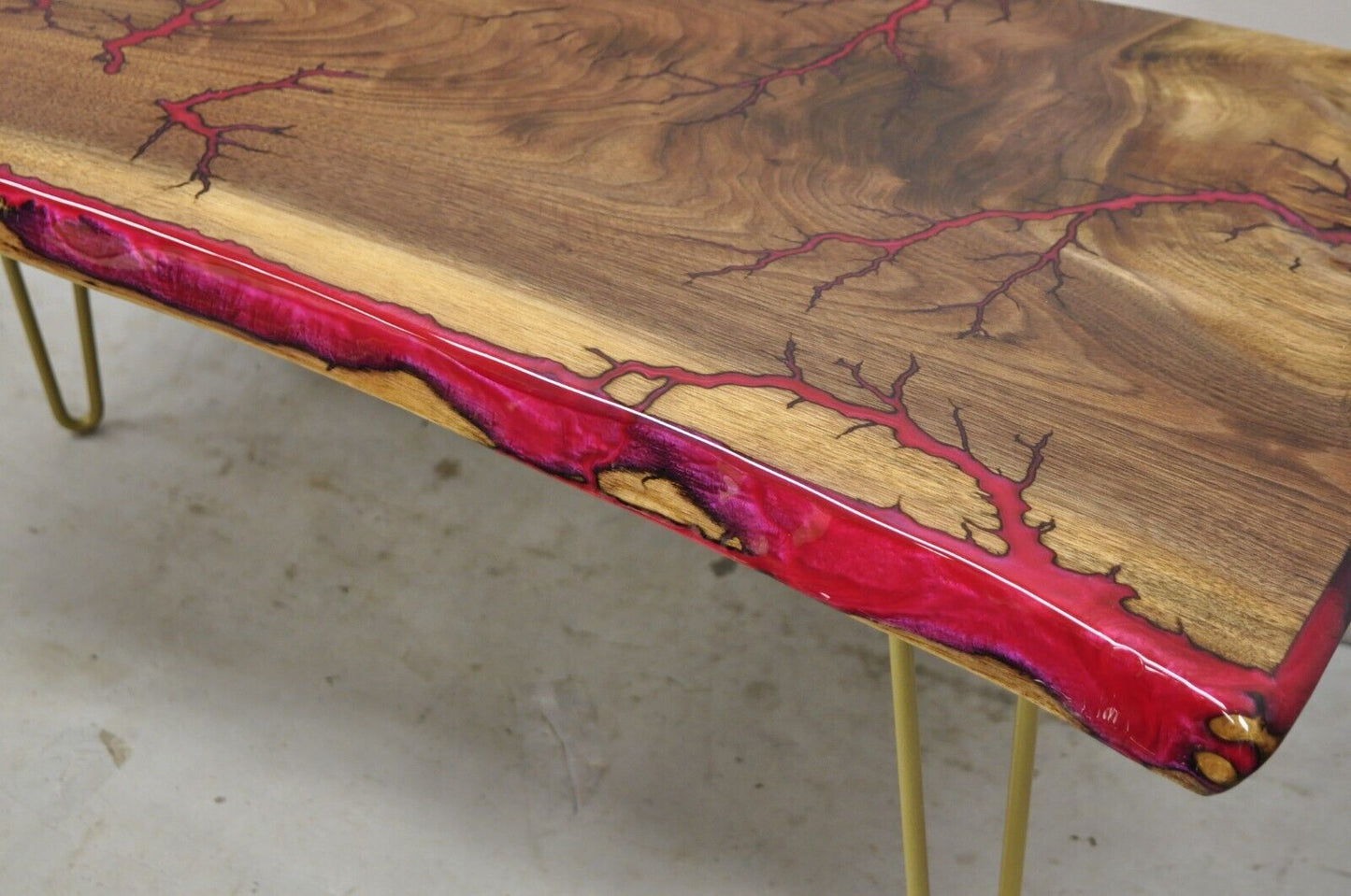 Live Edge Black Walnut Surfboard Coffee Table Red Resin Lacquer Hairpin Legs