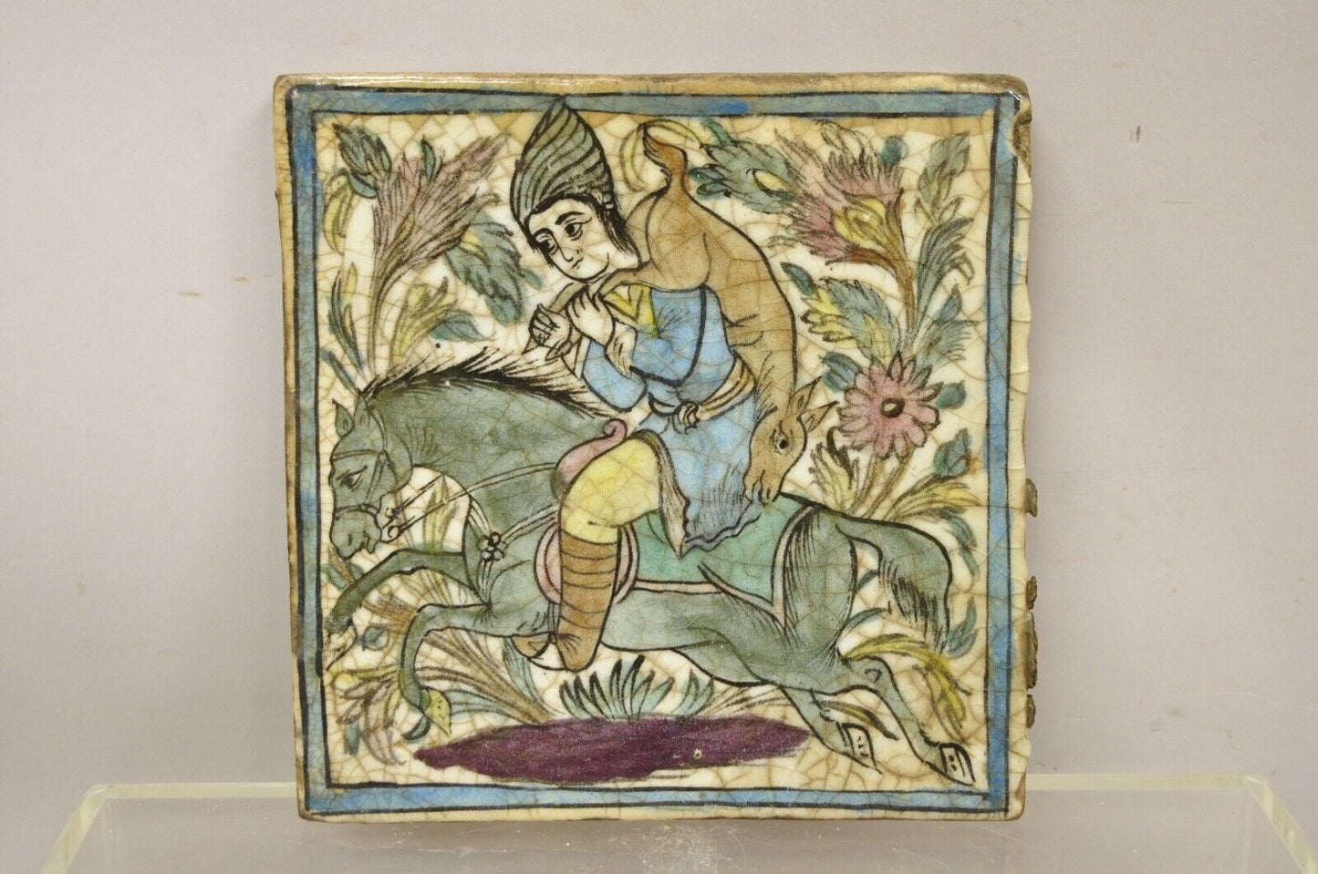 Antique Persian Iznik Qajar Style Ceramic Pottery Square Tile Hunter & Horse C4