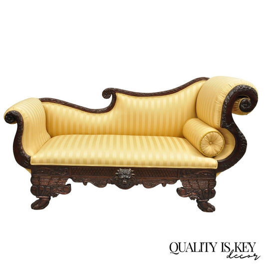 Antique American Empire Figural Carved Mahogany Recamier Gold Chaise Lounge Sofa