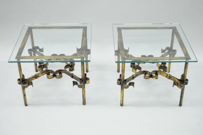 Pair Hollywood Regency Gold Gilt Iron Square Glass Top Brutalist Low End Tables