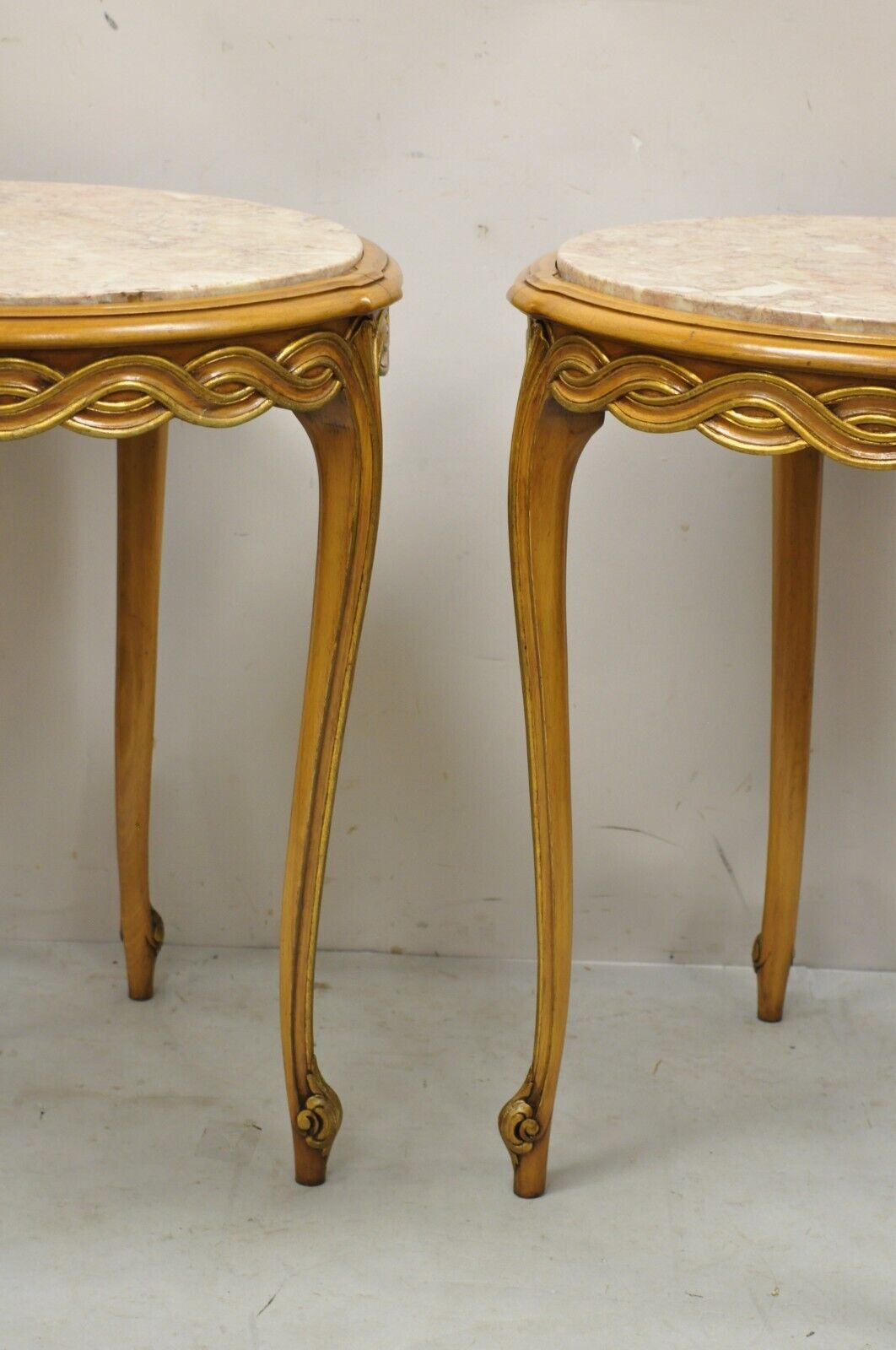 French Provincial Hollywood Regency Round Pink Marble Top Side Tables - a Pair