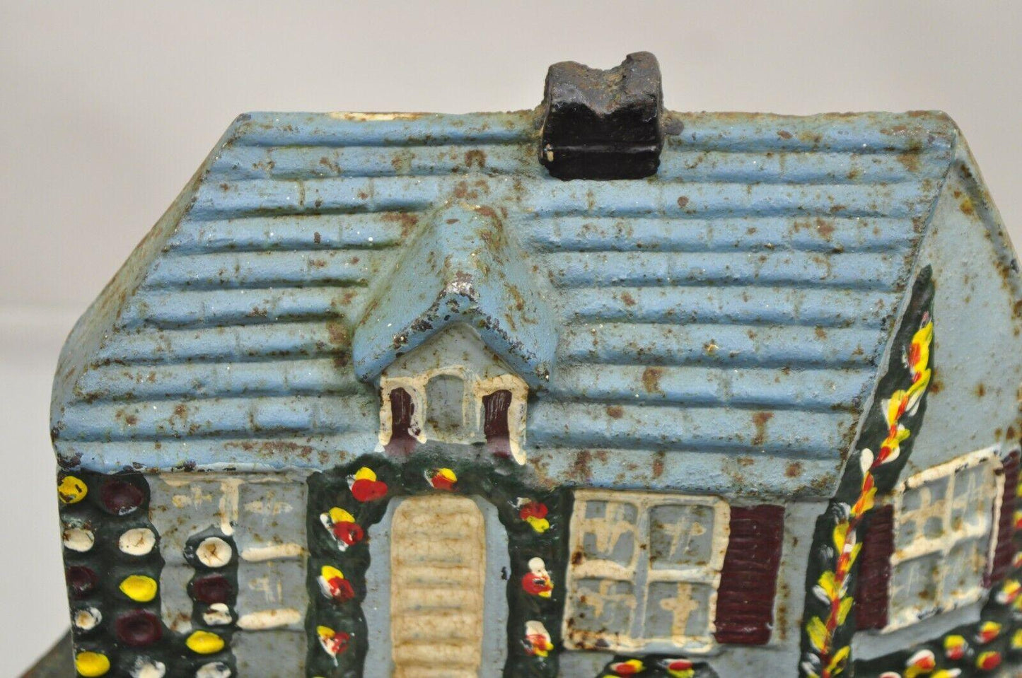 Antique Victorian Cast Iron Figural Blue Cottage House Painted Door Stop