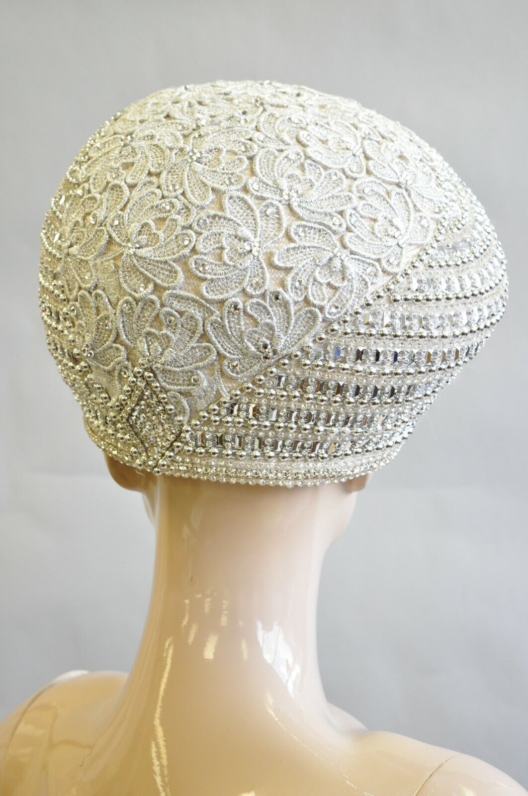 Shellie McDowell Silver Lace Pearl Rhinestones Church Derby Ladies Crown Hat