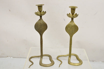 Vintage Brass Figural Hollywood Regency Coiled Cobra Snake Candlesticks - a Pair