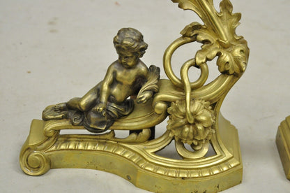 Antique French Louis XV Rococo Style Bronze Cherub Acanthus Leaf Andirons - Pair