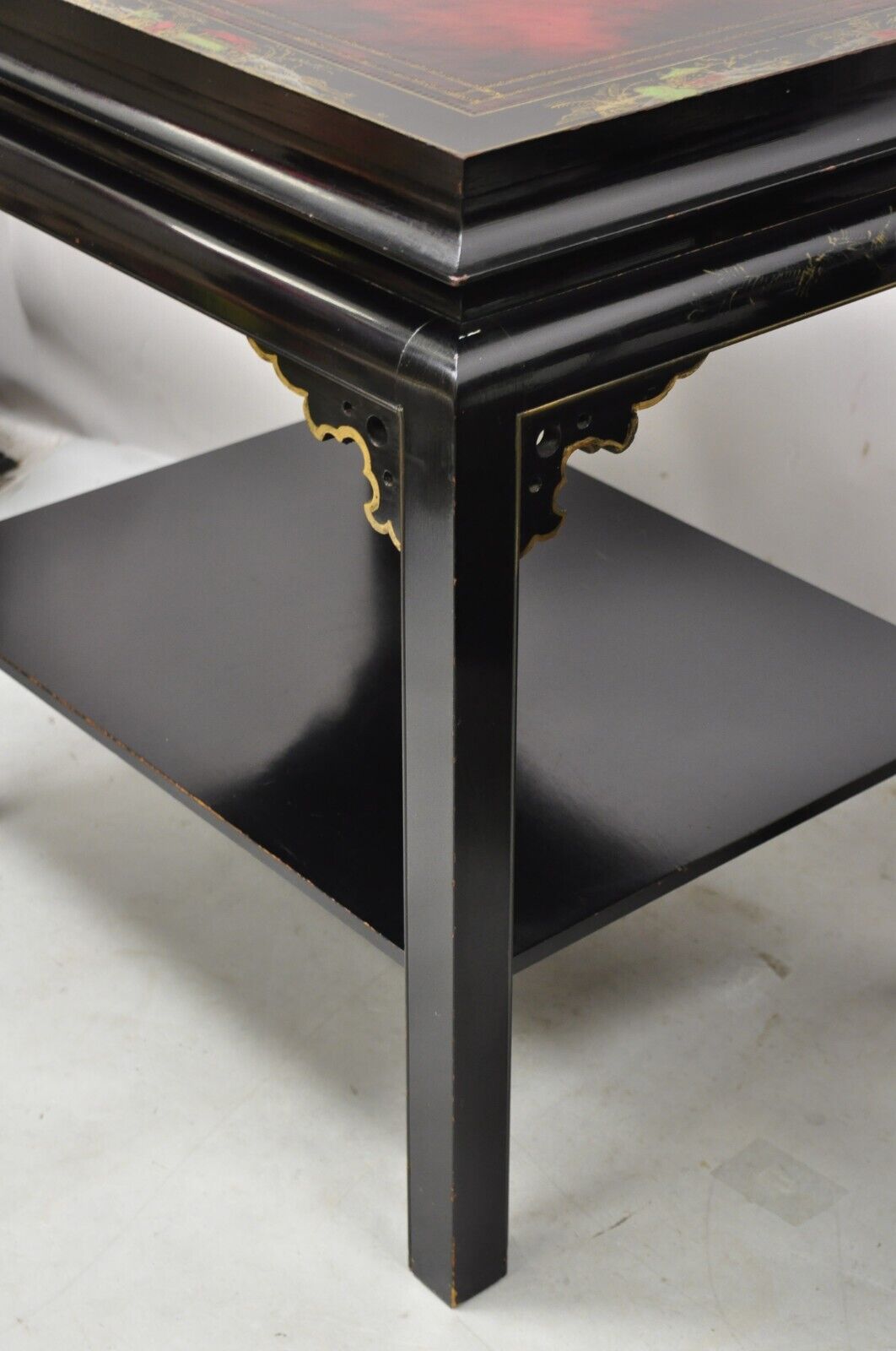 Vintage Chinoiserie Style Black Lacquered Red Leather Top End Tables - a Pair