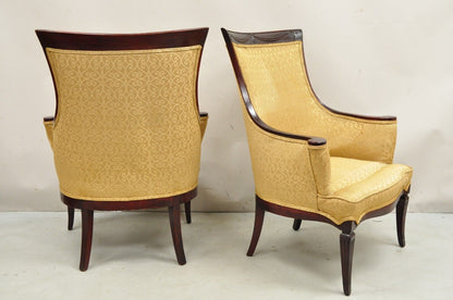 Vintage Hollywood Regency Drape Carved Mahogany Fireside Lounge Chairs - a Pair