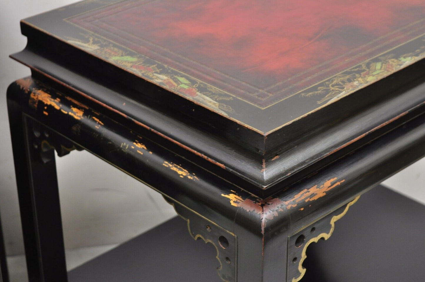 Vintage Chinoiserie Style Black Lacquered Red Leather Top End Tables - a Pair