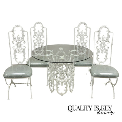 Vintage Hollywood Regency White Ornate Wrought Iron Scroll Dining Set - 5 Pc Set