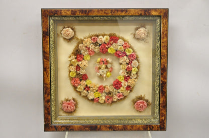 Antique Victorian Paper Mache Flower Mourning Wreath Shadow Box Frame Oddity