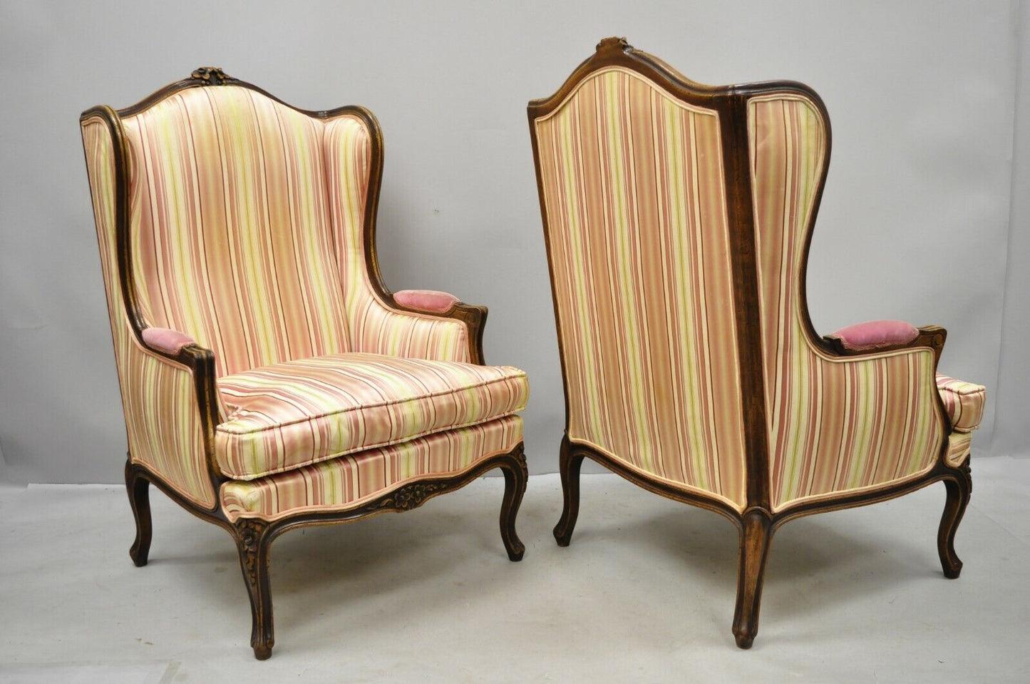 Vintage W & J Sloane French Louis XV Style Wingback Lounge Arm Chairs - a Pair