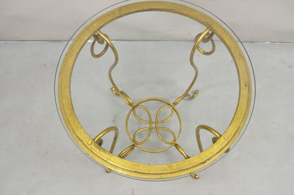 Gold Gilt French René Drouet Style Scrolling Iron Round Glass Accent Side Table
