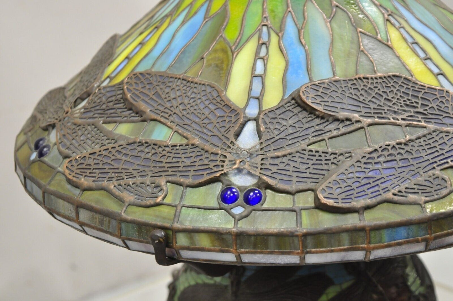 Tiffany Style Bronze and Leaded Stained Glass Blue Eye Dragonfly Table Lamp