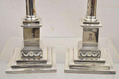 Antique English Edwardian Silver Plated Tall Column Candlestick Candleholders