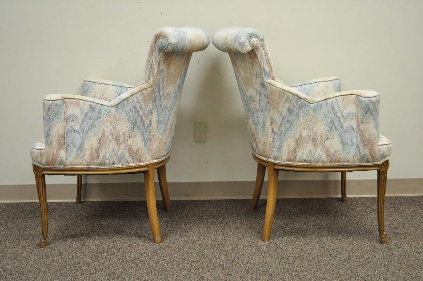 Vintage French Hollywood Regency Rolled Back Fireside Parlor Arm Chairs - a Pair