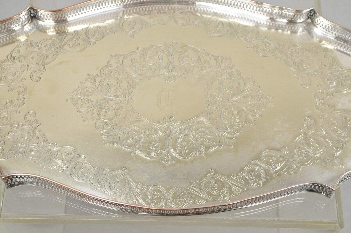 Vintage English LBS Co 982 Silver Plated Scalloped Oval Pierced Gallery Tray