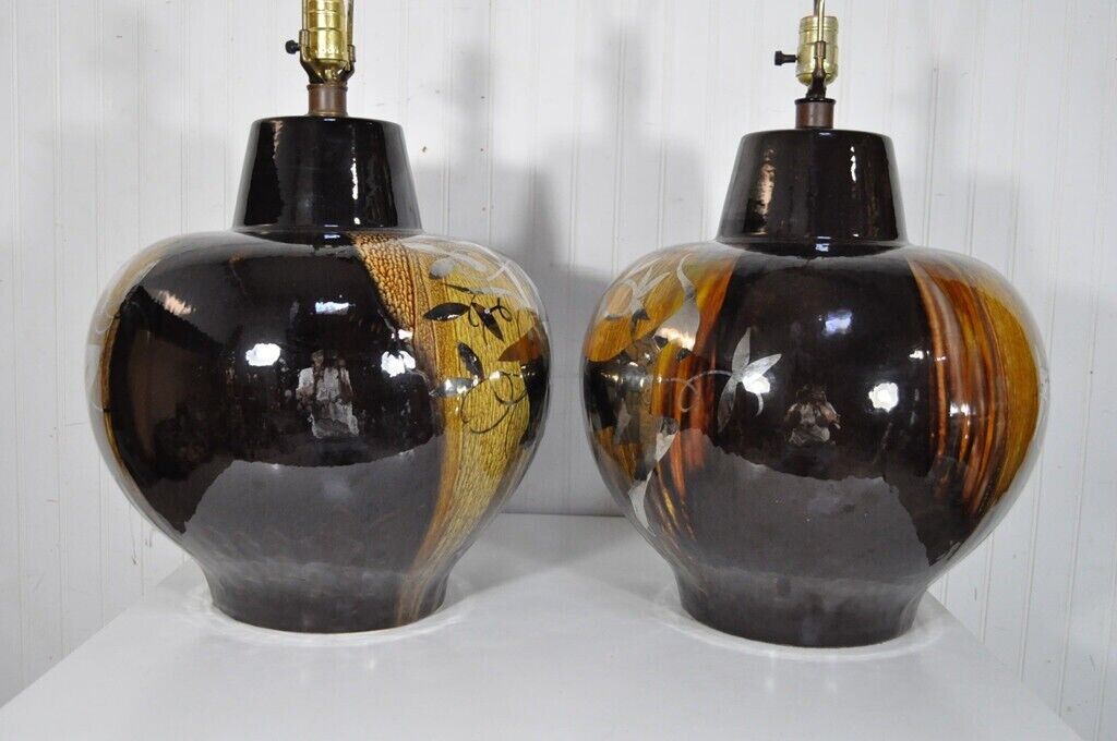 Pair Vintage Mid Century Modern Gazelle Ram Drip Glaze Pottery Table Lamps