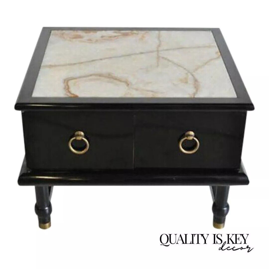 Mid Century Modern Dorothy Draper Style Black Side Table Cabinet with Onyx Top