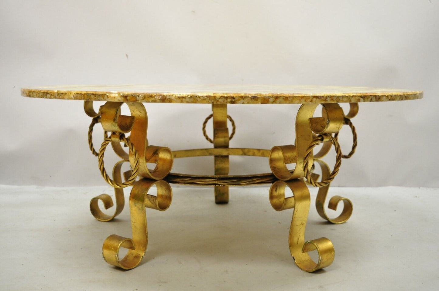 Hollywood Regency Gold Iron Scroll Agate Stone Specimen Resin Top Coffee Table