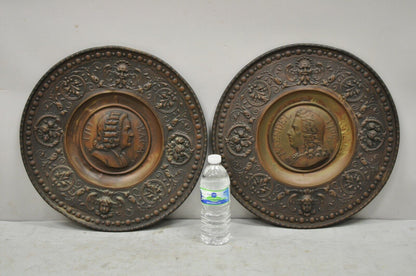 Antique Embossed Copper Neoclassical Bach and Haendel Charger Plates - a Pair