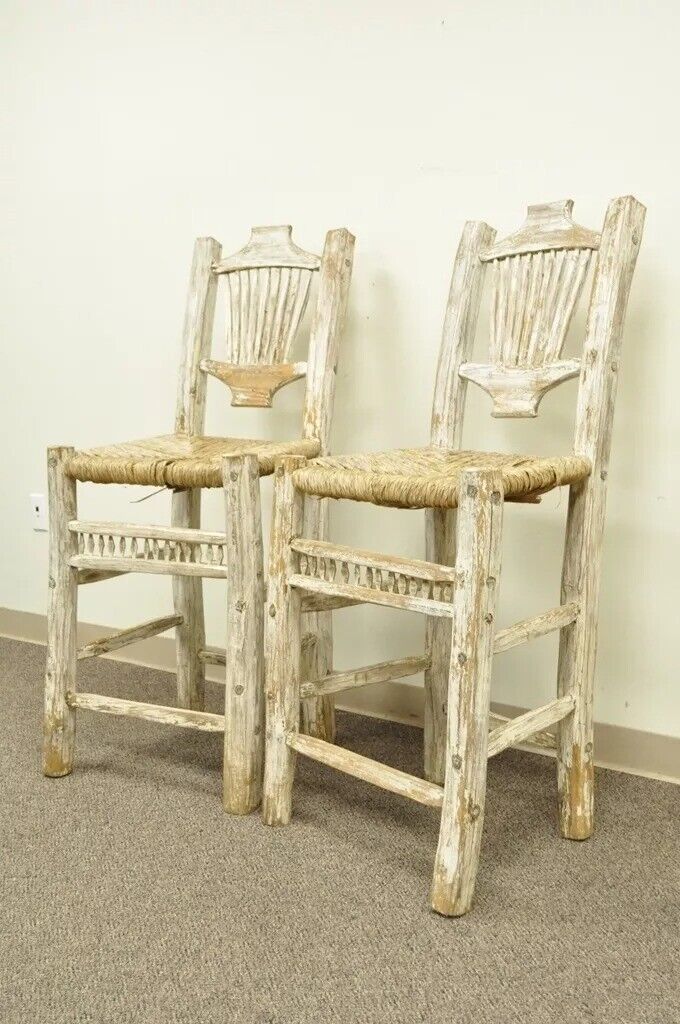 Hickory Style Rustic Log Cabin Wood Woven Rush Seat Bar Stools Chairs - a Pair