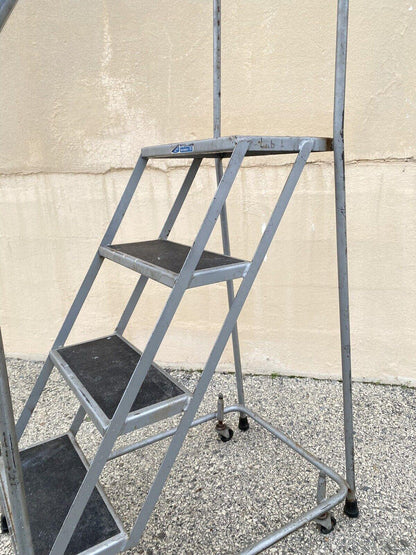 Vintage Ballymore Warehouse Garage 4 Step Metal Rolling Safety Ladder w/ Rails