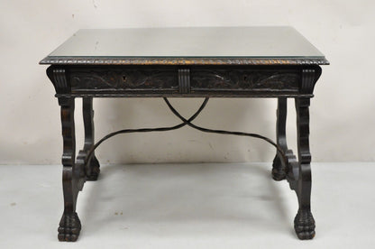 Antique 19th C Spanish Renaissance Carved Oak Wood 2 Drawer Library Table Desk