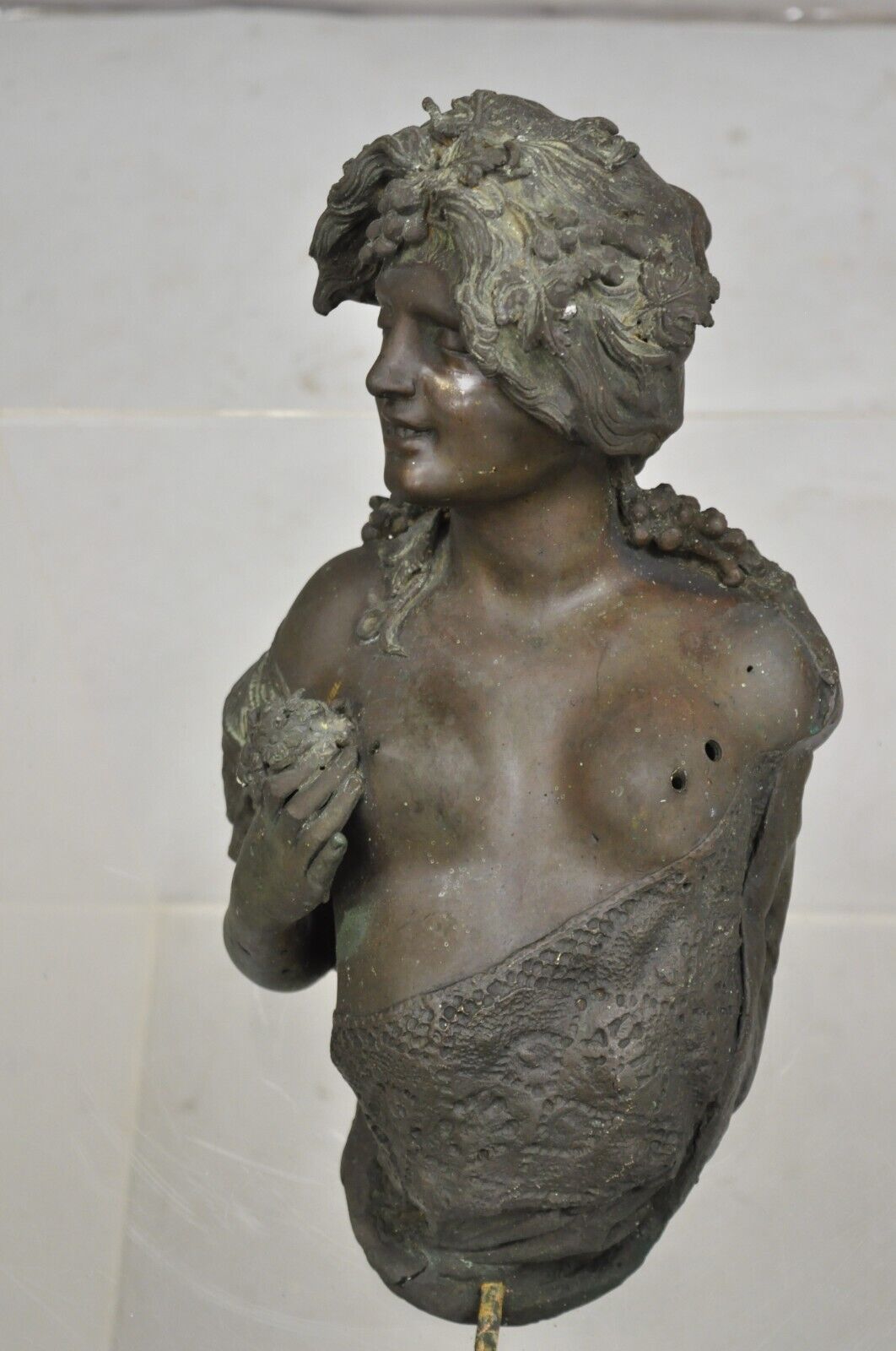 Antique French Victorian Bronze Female Bust Wall Mounted Garden Water Fountain