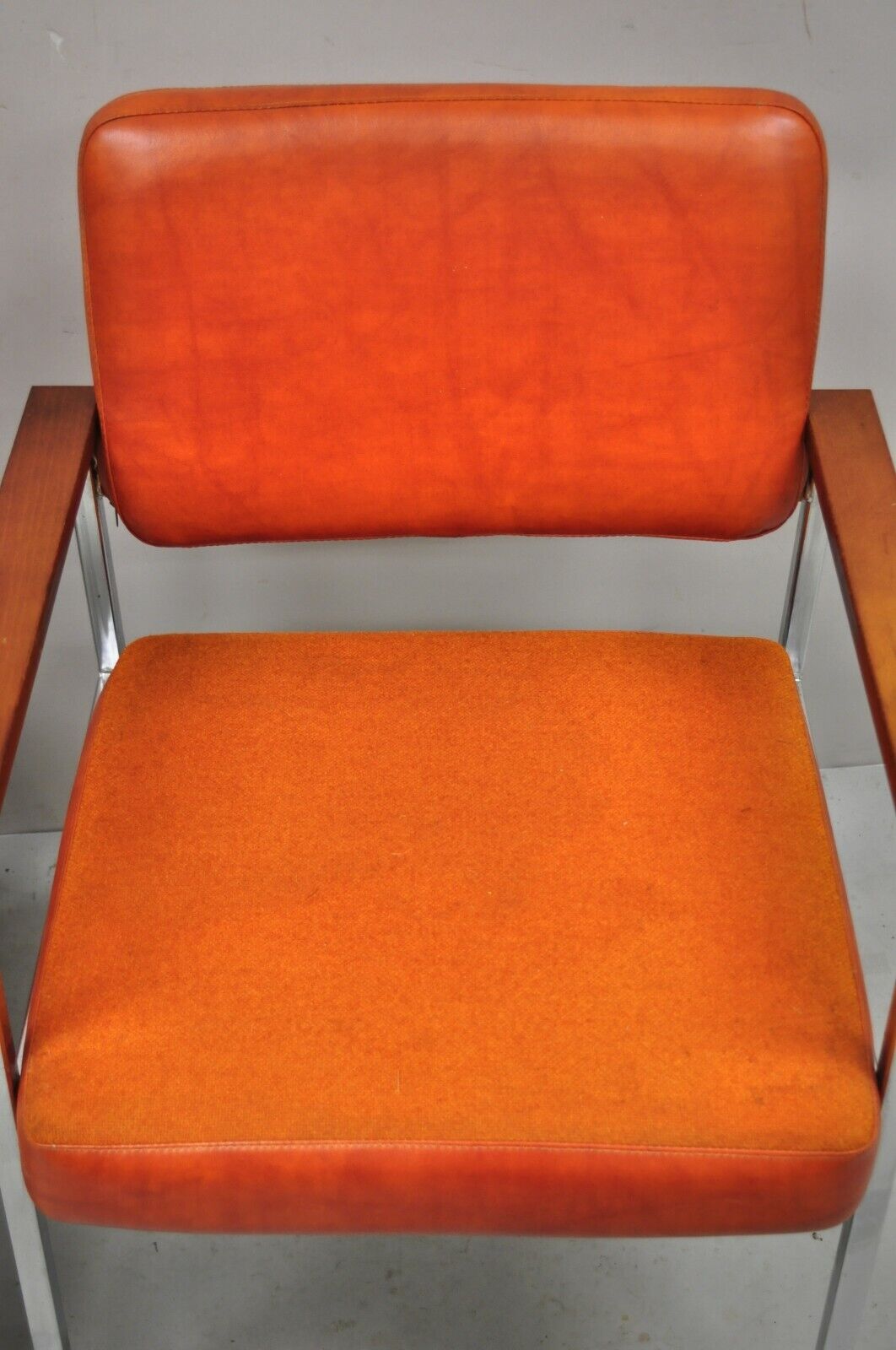 Mid Century Modern Orange Naugahyde Chrome Frame Lounge Arm Chairs by Malibu Ind