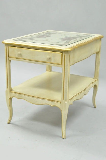 Vintage French Country Provincial Style Floral Painted Cream 1 Drawer End Table