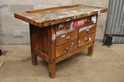 Antique American Industrial Wood Plank Distress Paint Splatter Work Bench Table