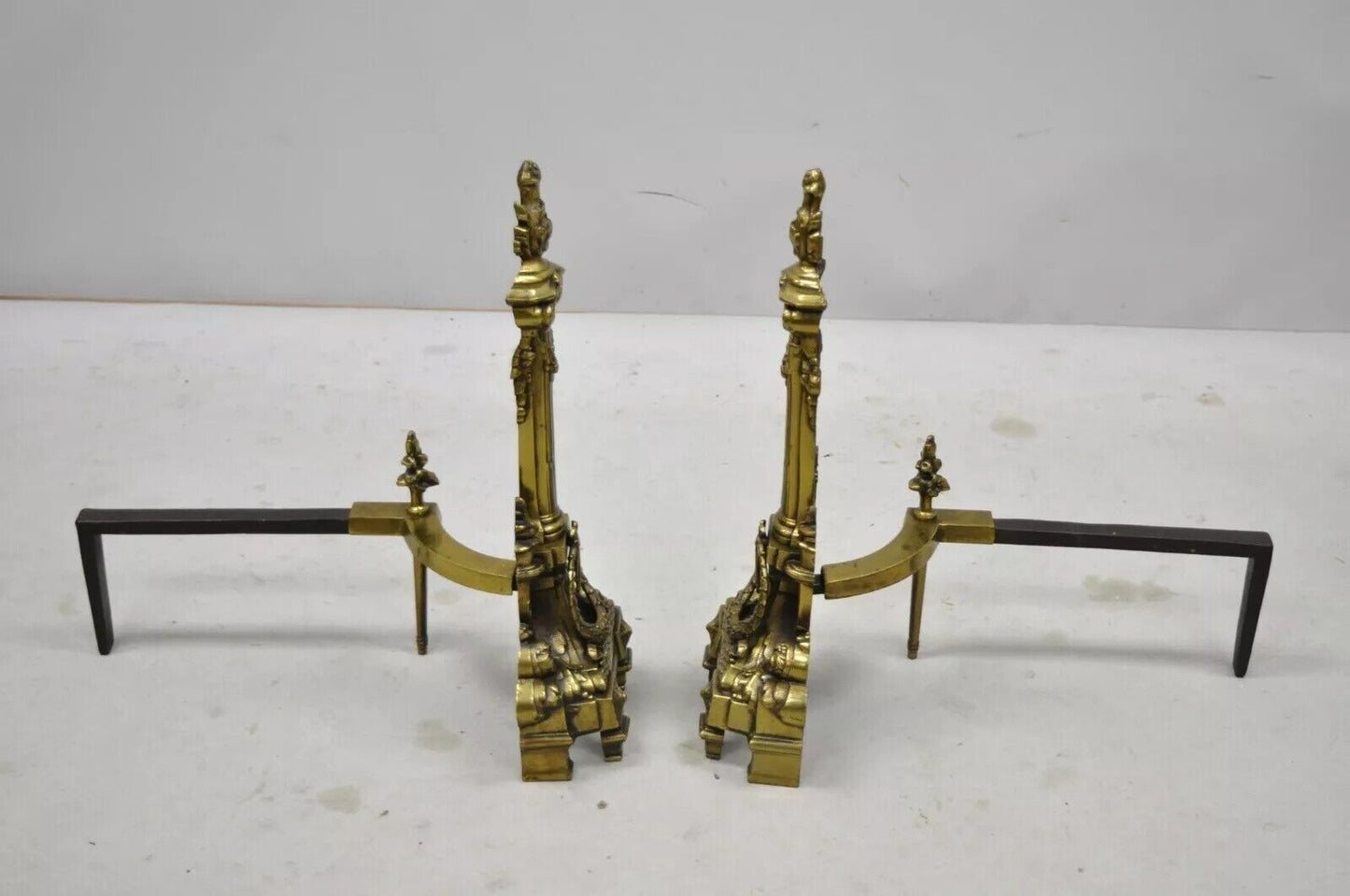 Vintage French Empire Brass Bronze Column Flame Finial Fireplace Andirons - Pair