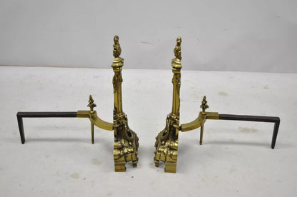 Vintage French Empire Brass Bronze Column Flame Finial Fireplace Andirons - Pair