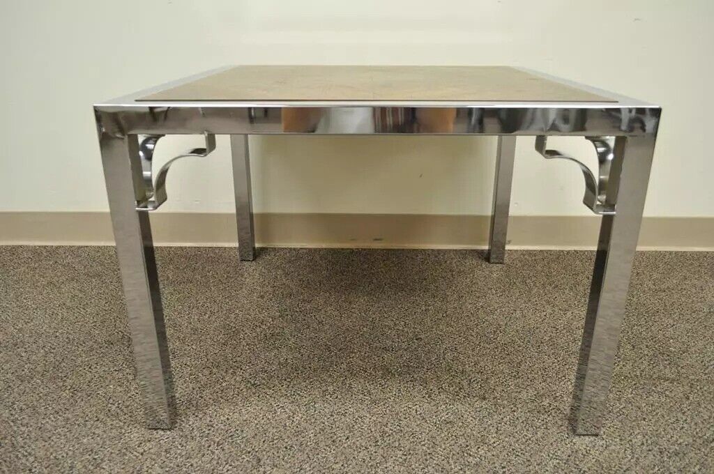 Vintage Mid Century Modern Chrome Fretwork & Walnut Square Side Table