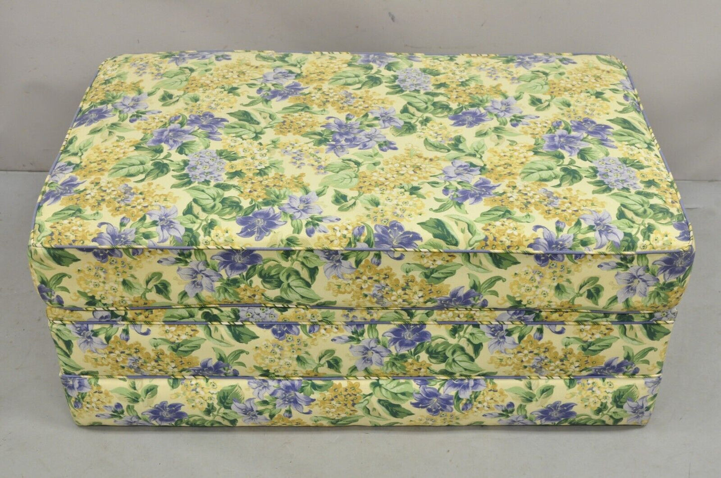 Traditional Oversized Storage Ottoman Yellow and Blue Floral Custom Upholstered