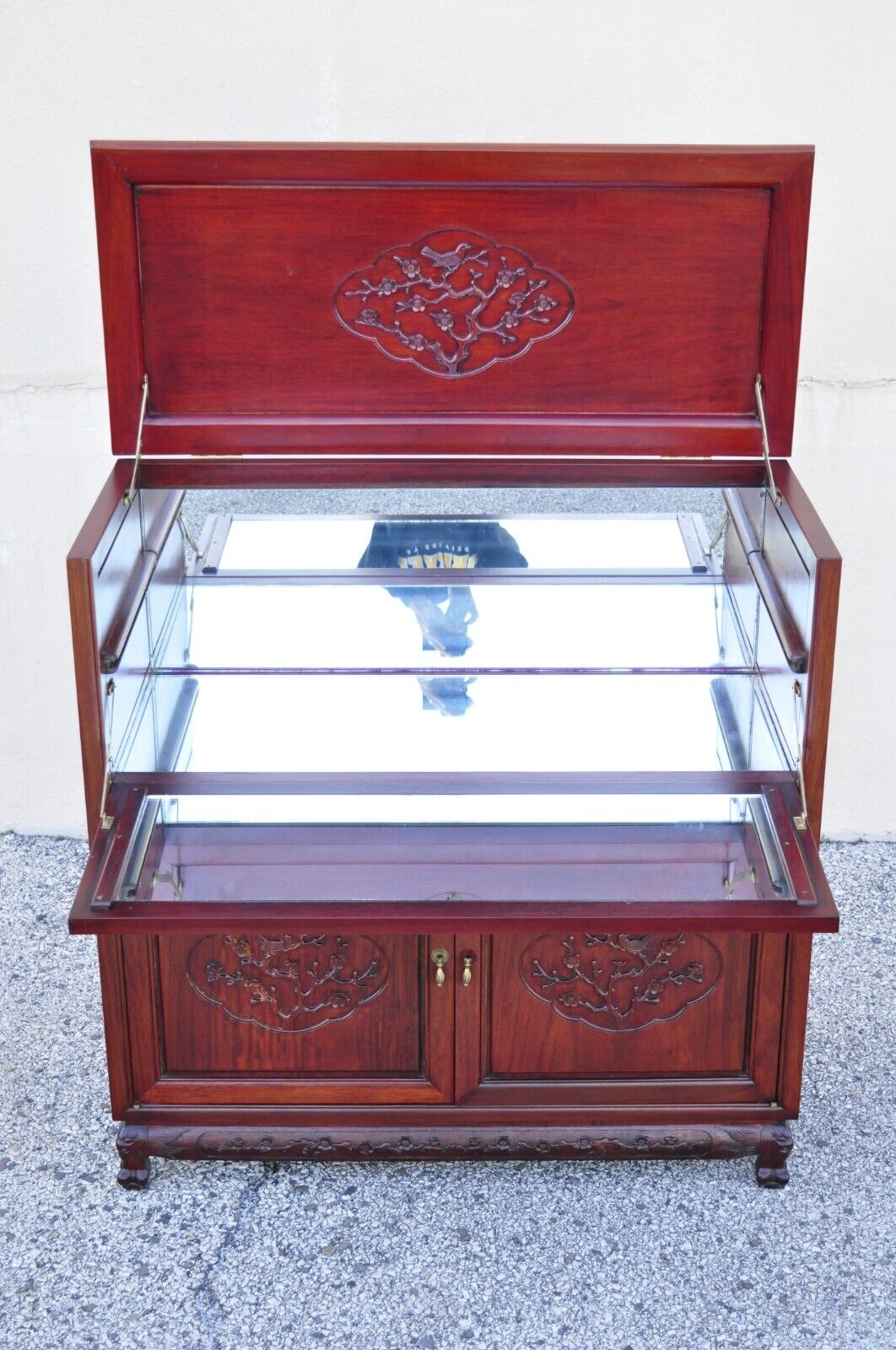 Vintage Chinese Carved Hardwood Bar Liquor Cabinet Console with Mirrors