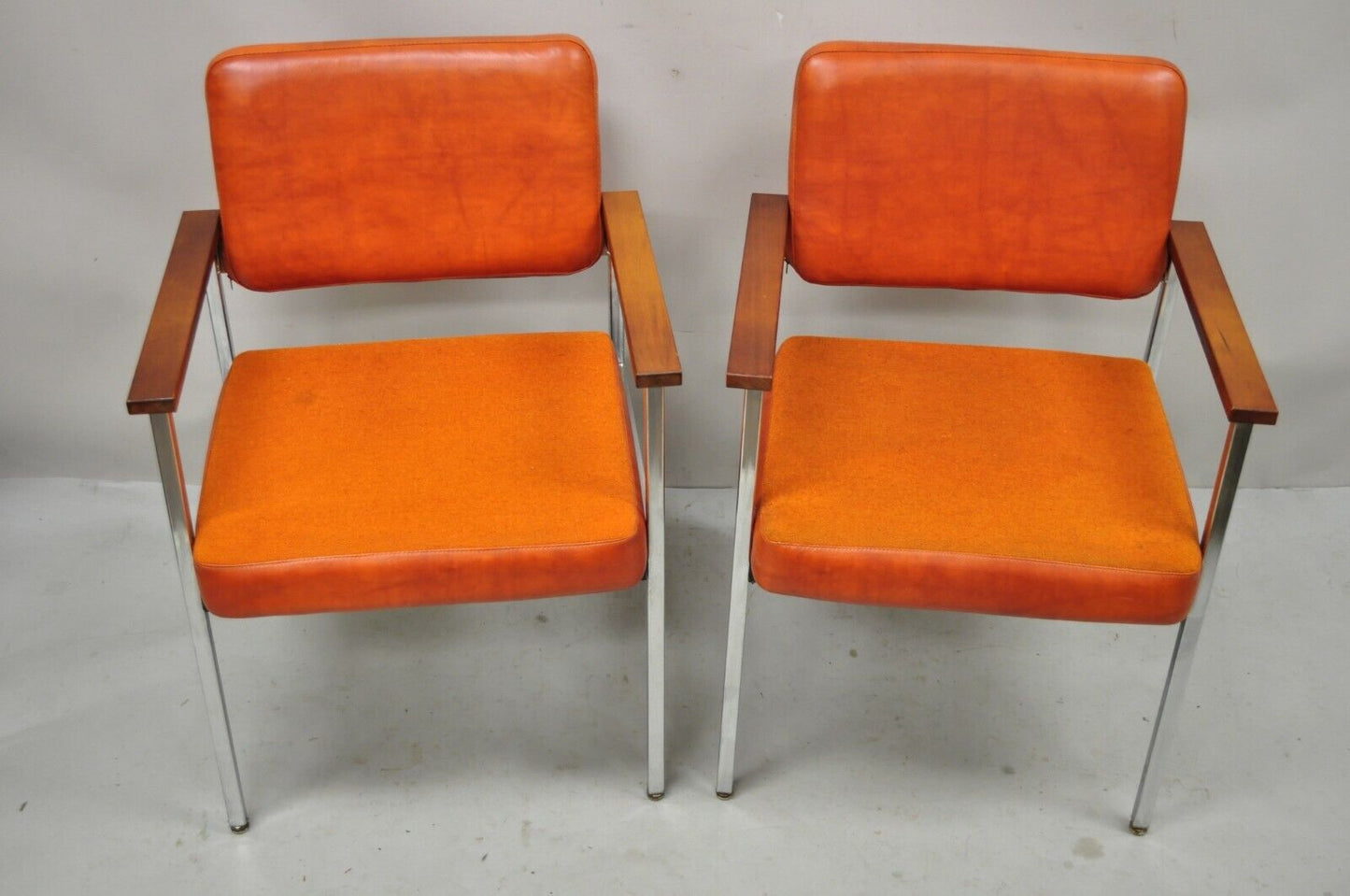 Mid Century Modern Orange Naugahyde Chrome Frame Lounge Arm Chairs by Malibu Ind