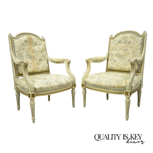 Vintage French Provincial Louis XVI Cream Painted Fauteuil Arm Chairs - a Pair