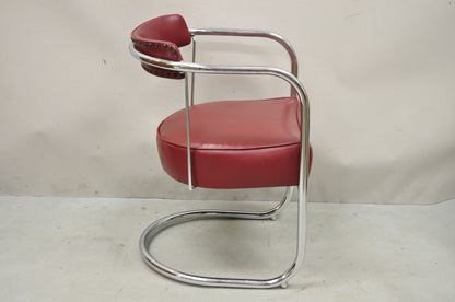 Lloyd Kem Weber Tubular Chrome Steel Red Vinyl Cantilever Arm Chair