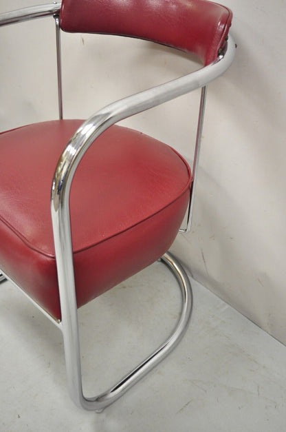 Lloyd Kem Weber Tubular Chrome Steel Red Vinyl Cantilever Arm Chair