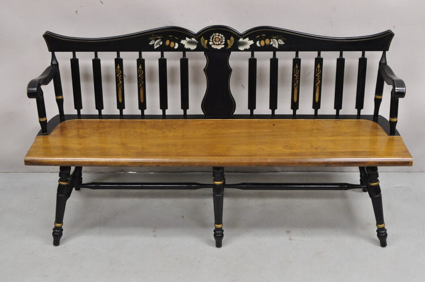 Vintage Hitchcock Style Maple Wood 6 Leg Colonial Black Stencil Windsor Bench