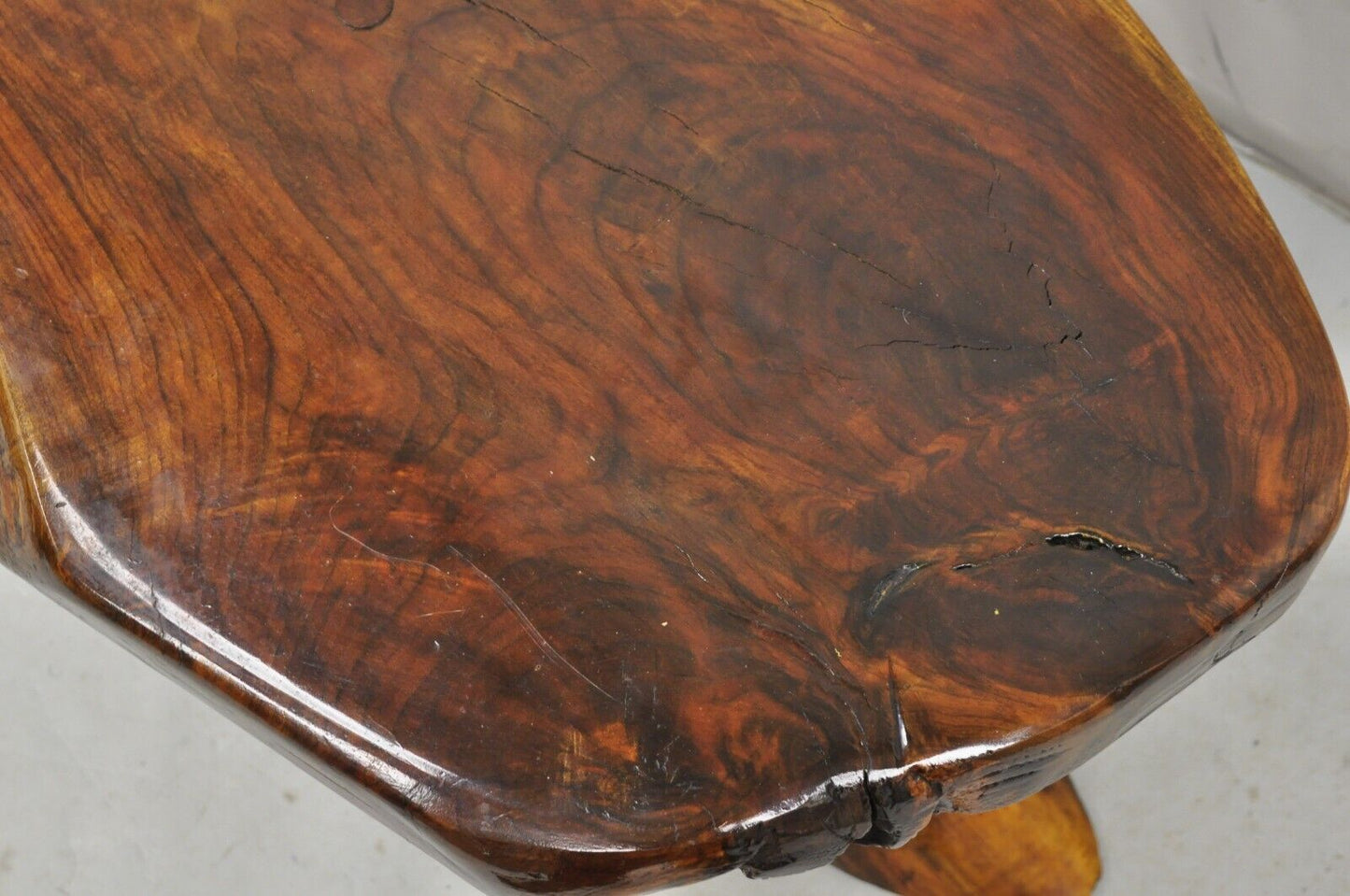Vintage Mid Century Organic Live Edge Burl Wood Pedestal Base Coffee Table