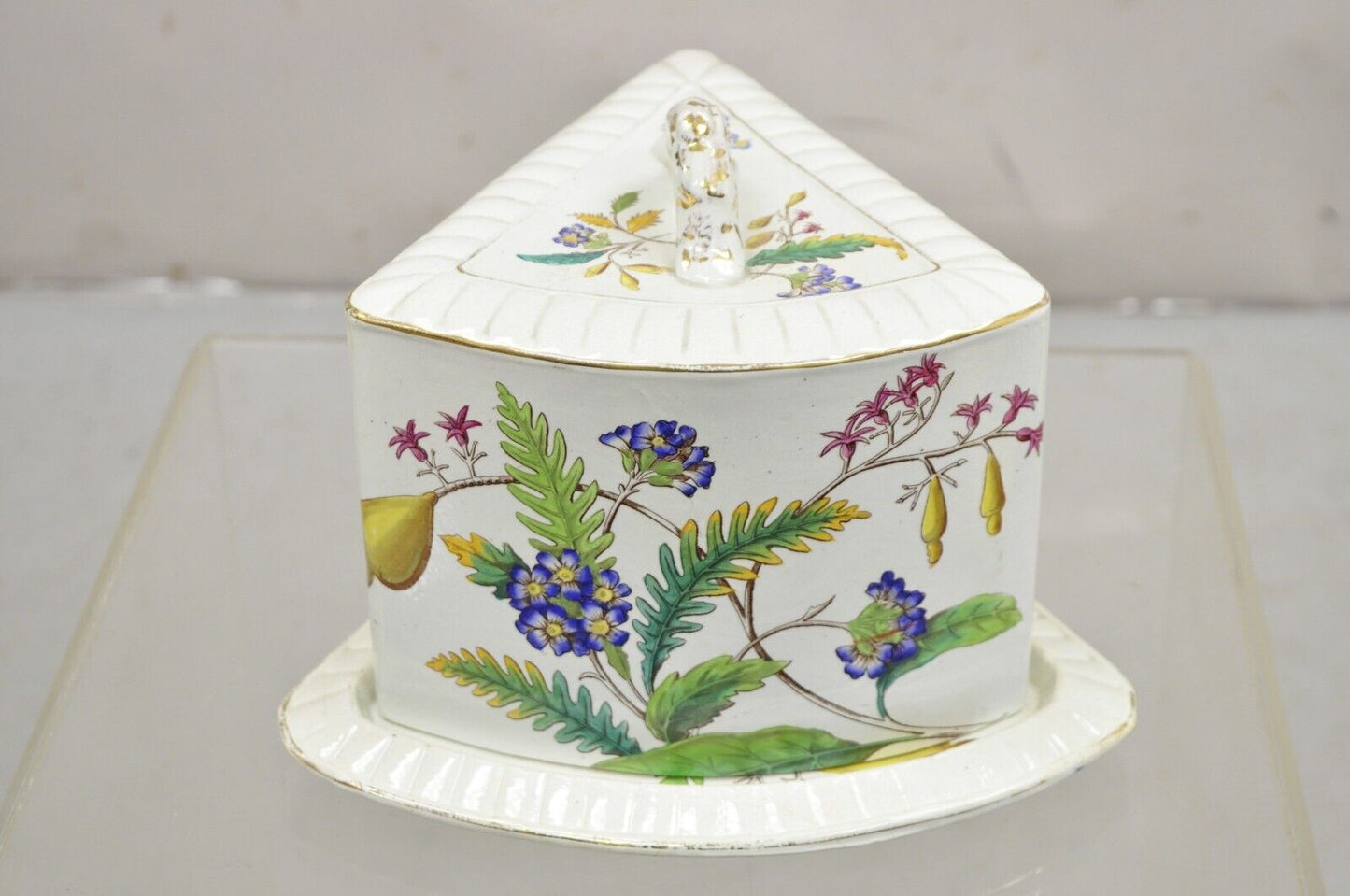 Antique Victorian Large Porcelain Covered Cheese Dish with Flowers and Leaves