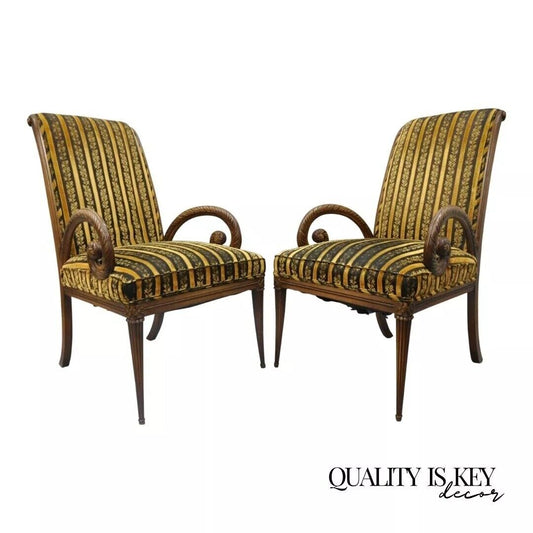 Grosfeld House Hollywood Regency Mahogany Plume Feather Carved Arm Chairs - Pair