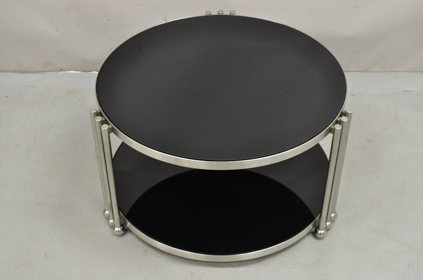 Vintage Art Deco Style Steel and Smoked Glass 2 Tier Round Coffee Table